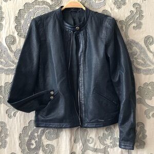 Perforated leather Moto jacket style Dark water blue Soft Zipper front Snaps